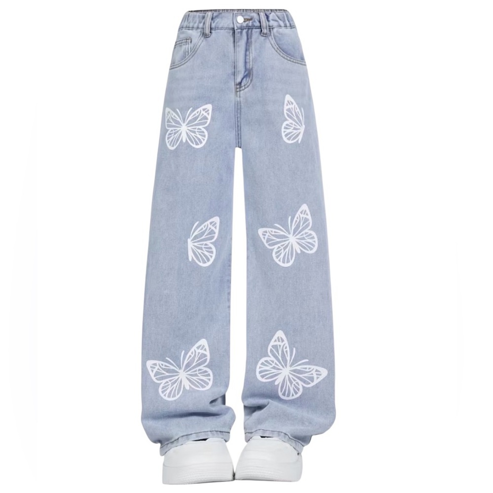 Girls Butterfly Print Wide Leg Denim Jeans